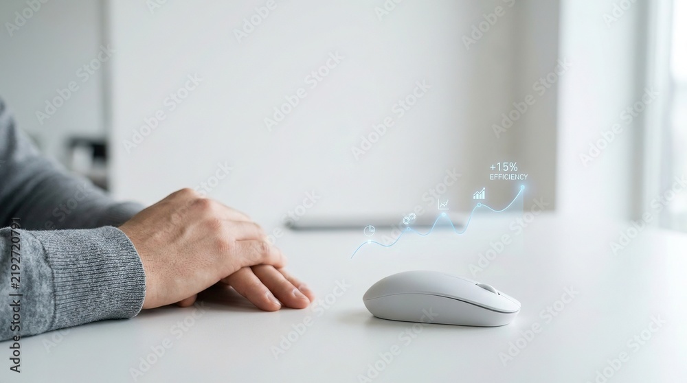 Fototapeta premium Person using a computer mouse with a digital efficiency growth graph overlay