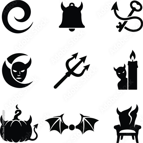 Black devil and halloween icon set featuring horns pitchfork and bat