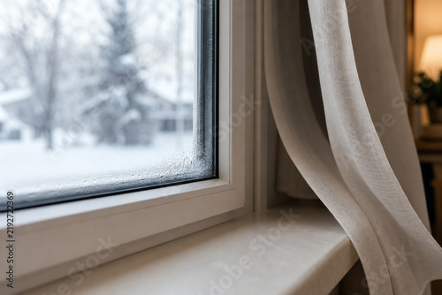 Cold draft and condensation around poorly insulated home window during winter illustrating household heat loss