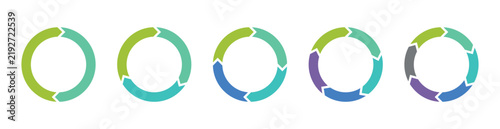 Rotation around cycle Pie chart set. Colorful circle arrow. Infographic element round shape. A set of 2 to 6 circular arrow icons in different colors. Vector illustration.
