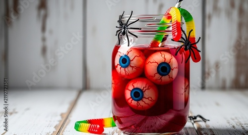 Halloween drink with eyeball ice cubes and worms
