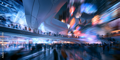 Corrected version:
Generative AI, shopping mall with people, motion blur, blurred abstract background