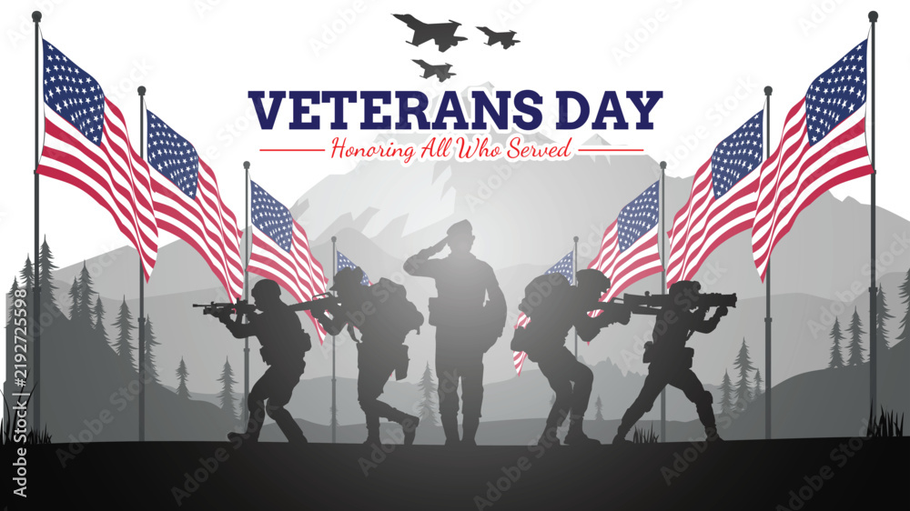Fototapeta premium Veteran's day silhouette vector illustration with american flag and soldiers. 