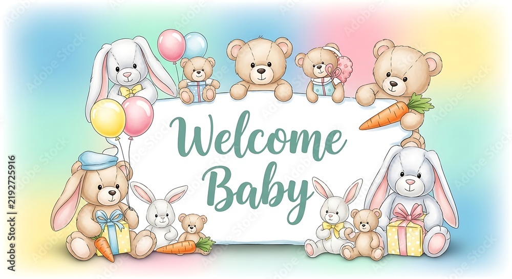 Fototapeta premium Welcome Baby Illustration with Teddy Bears and Bunnies