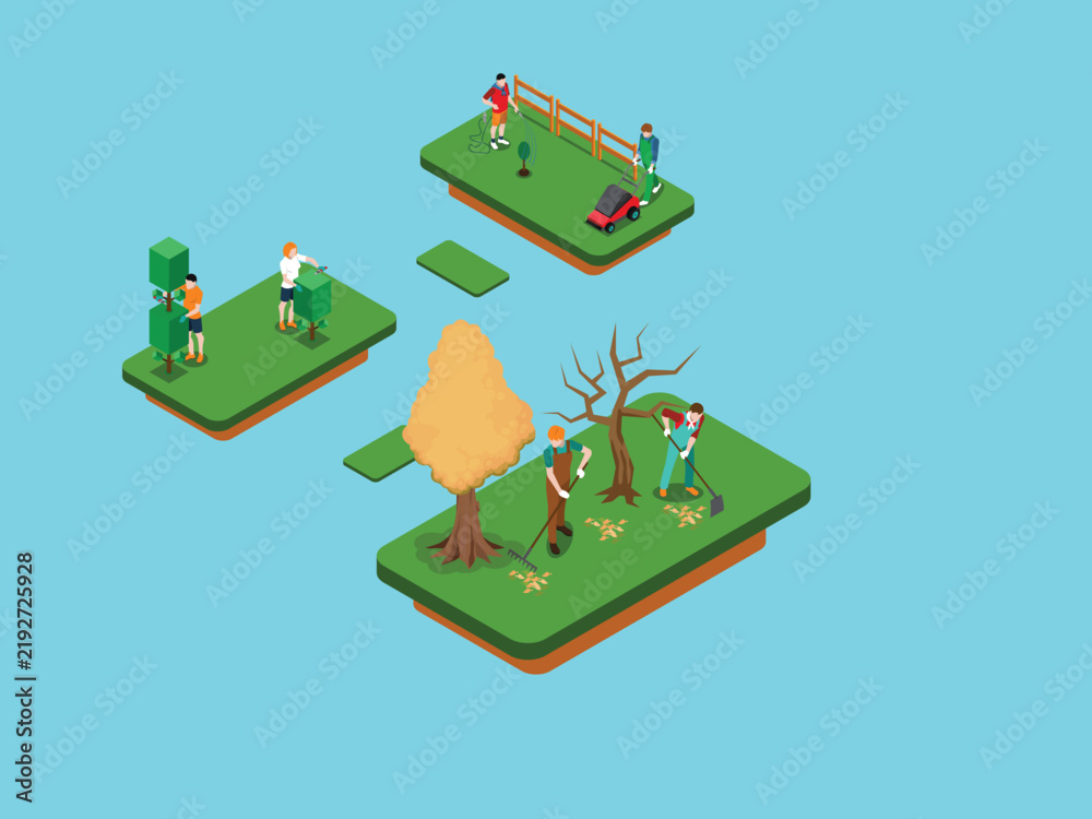 Fototapeta premium Gardening and Lawn Care Service 3d isometric vector illustration