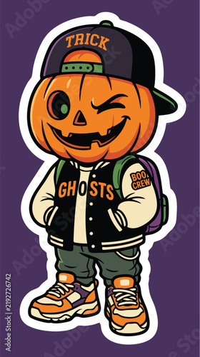 Chibi-style streetwear jack-o'-lantern mascot wearing a snapback and varsity jacket, with a mischievous expression.