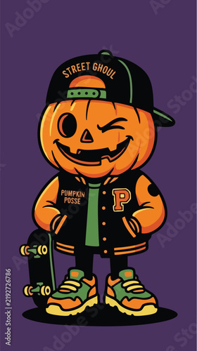 Chibi-style streetwear jack-o'-lantern mascot wearing a snapback and varsity jacket, with a mischievous expression.