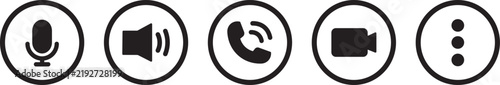Video Audio Call Controls Icon Set, Microphone Speaker Phone Camera Circle Badges, Black Line Solid Vector Graphic Assets