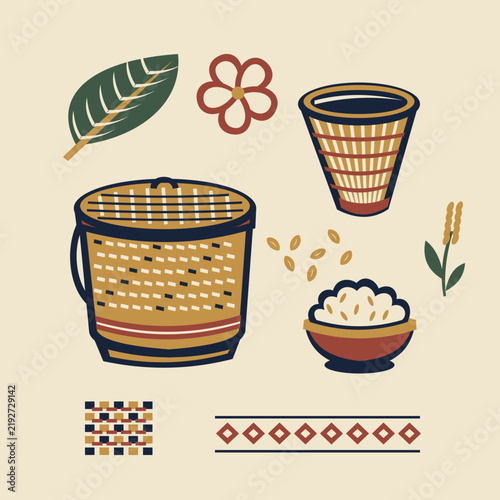 Modern Lao Sticky Rice Culture Vector Element Set