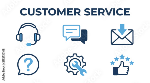 6 customer service blue line icons for support