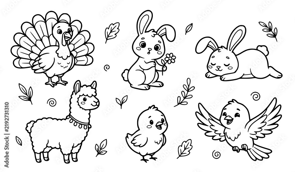 Fototapeta premium Farm Animals Outline Coloring Book Page for Kids With Cute Turkey Bunny Llama