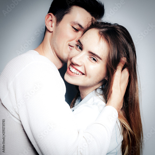 Love. Young couple hugs, have fun and vibing together , polaroid film style. Togetherness, family, relationship