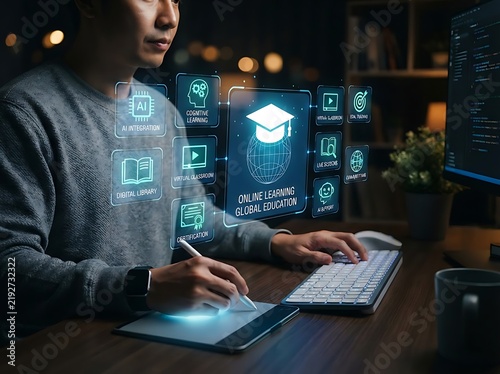 E-learning and online education platform with glowing digital icons, AI chatbot, and student working at desktop computer.