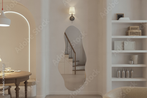Modern Interior with Unique Curved Mirror and Minimalist Decor