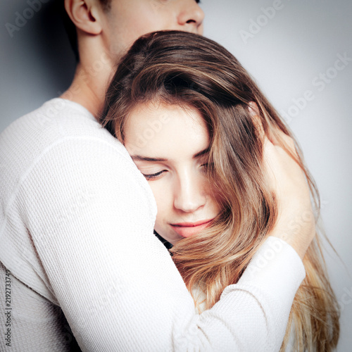 Love. Young couple hugs, have fun and vibing together , polaroid film style. Togetherness, family, relationship
