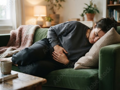 Close up of hands on woman s abdomen during period pain, cozy home setting with sofa cushion