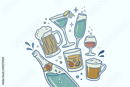 Alcoholic party drinks and cocktails set popping champagne beer mugs martini and whiskey