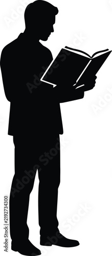 Silhouette of a man in a suit reading a book against a transparent checkered background.