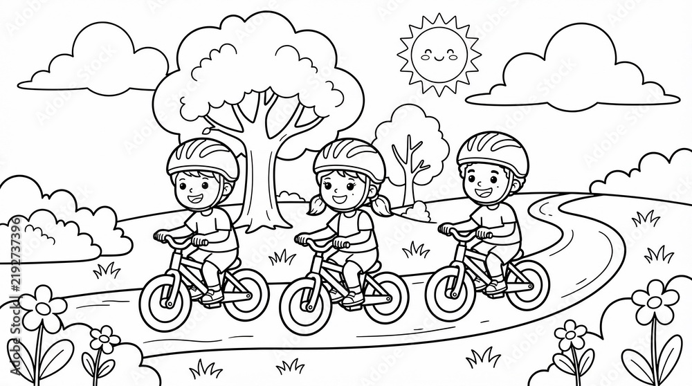 Fototapeta premium Coloring page of happy children riding bicycles in a sunny park with trees and flowers