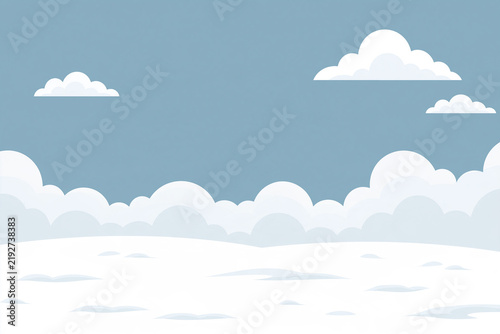 Cute cartoon winter landscape with snow field, blue sky and white clouds vector background
