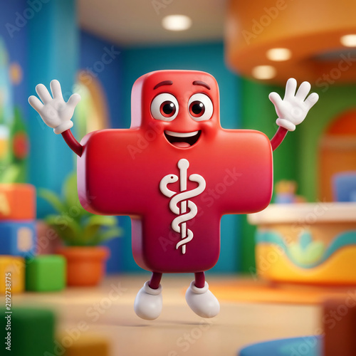 3D cartoon red cross mascot with medical symbol and raised hands in a bright pediatric clinic for healthcare concepts.