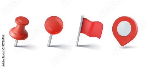 Red geotag different forms, 3D plastic style vector icons set. Thumbtack, push pin, flag tags, realistic map pointer sign. Travel app navigation render symbol, GPS location position mark