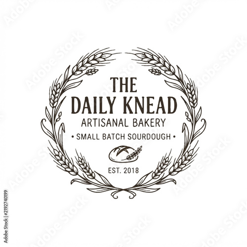Artisanal Bakery Logo Design Featuring Wheat Laurel Wreath and Sourdough Bread Icon for Small Batch Bakeshop
