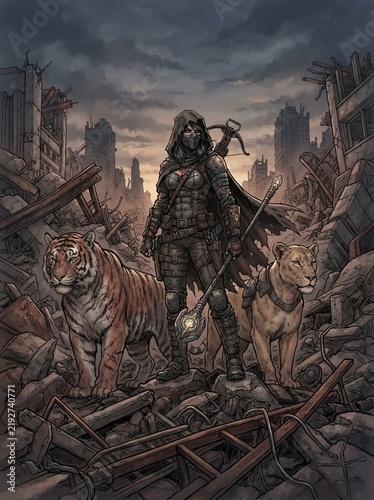 Stoic vigilante surrounded by guardian big cats in ruins  a hand drawn and digitally painted scene