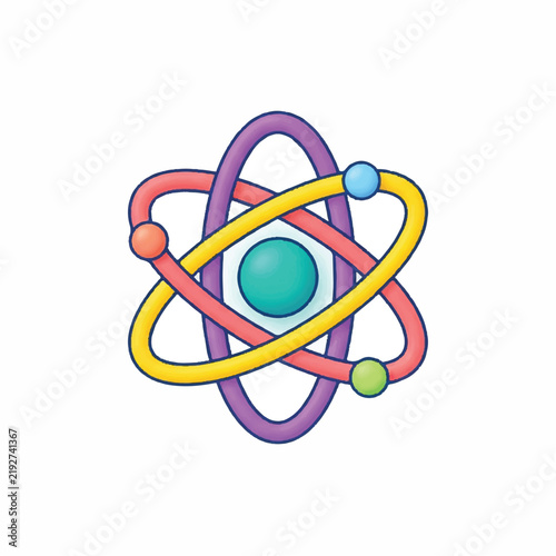 Colorful cartoon-style atom illustration showing electron orbits and atomic nucleus for science education concepts