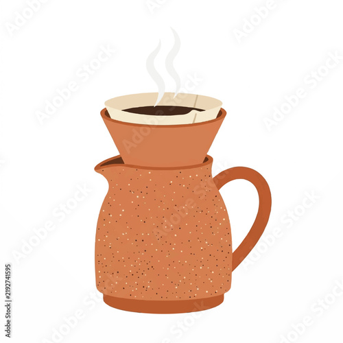 Handcrafted Ceramic Coffee Dripper and Speckled Clay Pitcher with Steaming Hot Filtered Coffee Illustration isolated on white background for cafe branding