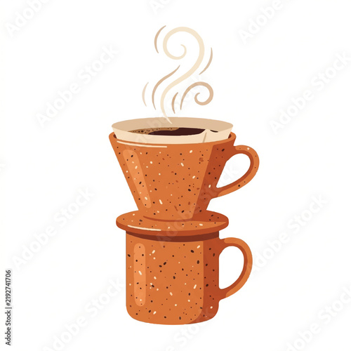 Hand drawn illustration of a ceramic pour over coffee brewer on a matching mug with hot aromatic steam rising