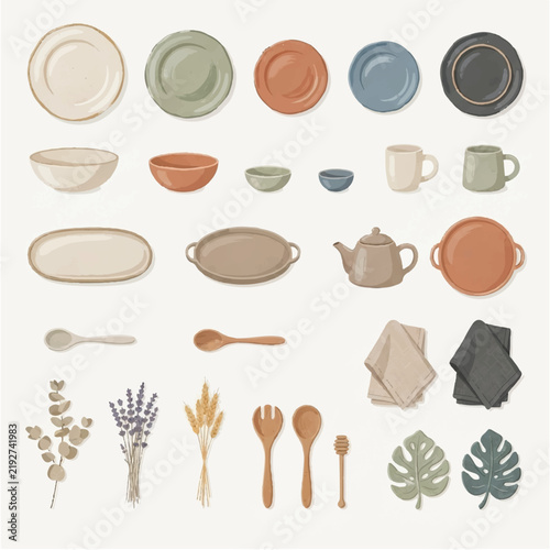 Hand-drawn tableware collection with plates, bowls, mugs, cutlery, and decorative dry plants