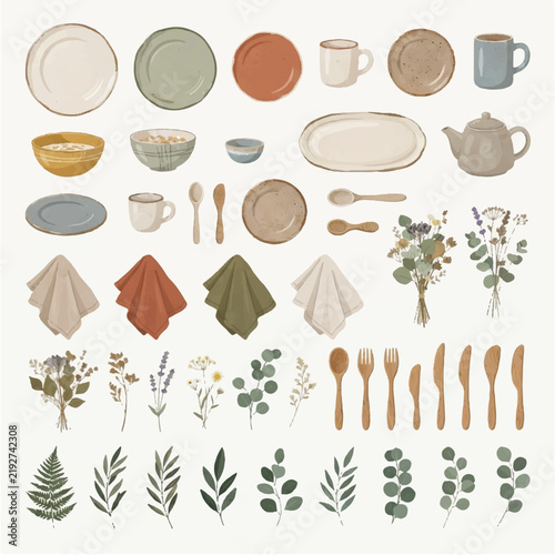 Earthy Tones Rustic Hand-Drawn Dinnerware Collection. Ceramic plates, bowls, cutlery, napkins, and botanical elements for charming table settings