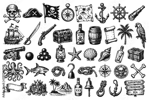 Pirate vintage icon set. Hand drawn nautical symbols, treasure, skulls and maritime illustrations.