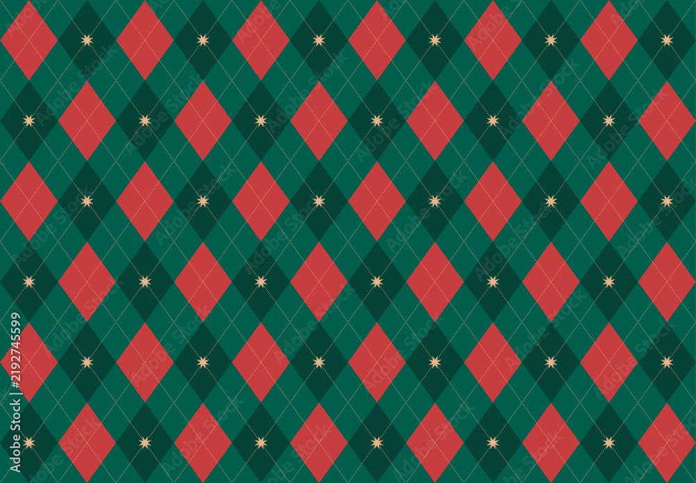 Obraz premium Christmas rhombus red and green seamless pattern. Xmas red plaid texture with gold line. Argyle geometric diamond abstract pattern. Christmas gift wrapping. Vector illustration background.