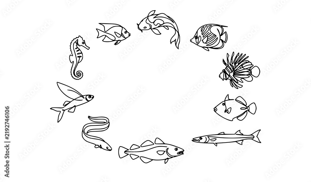 Fototapeta premium Elegant Ocean Fish Continuous One Line Art Vector Illustration Set
