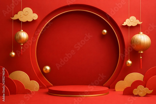Minimal Festive Arch Composition with Refined Red Surfaces and Floating Gold Ornaments