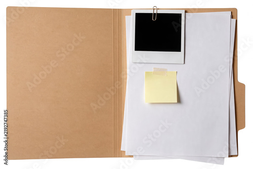 Open Manila File Folder with Blank Documents Photo Frame and Sticky Note