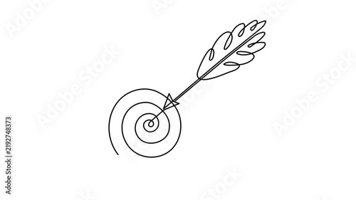 Arrow hitting target center spiral one line art animation, continuous line drawing business goal success archer arrow motion, accurate focus achievement abstract 4k self-drawing video