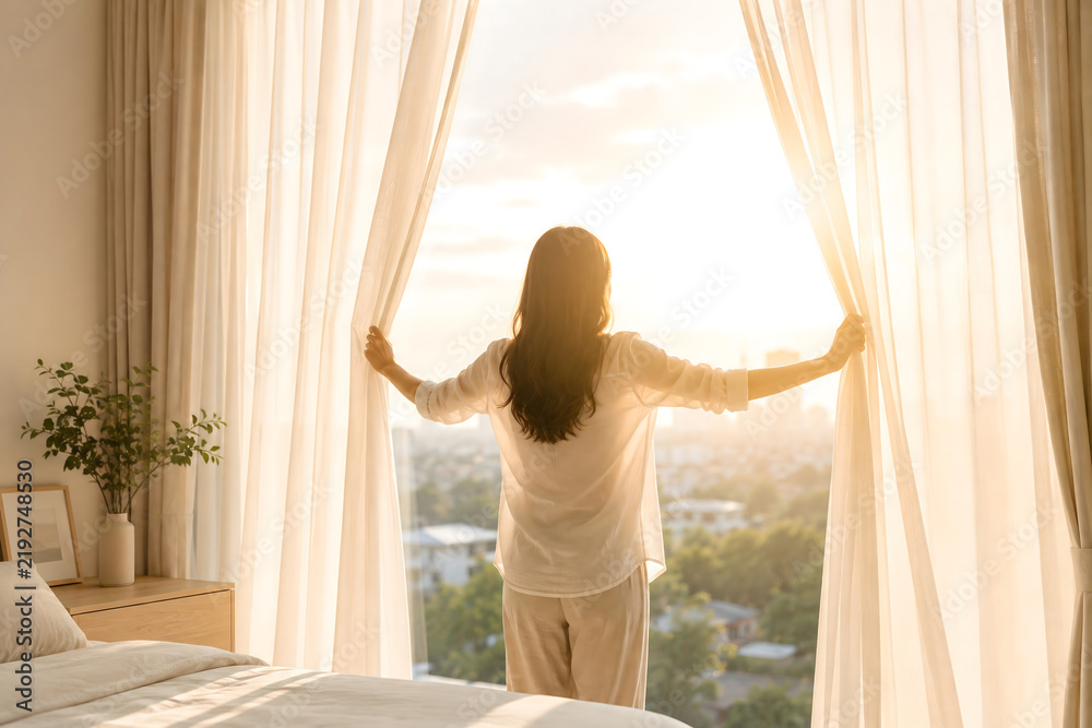 Fototapeta premium Person Opening Curtains to Bright Morning Light Symbolizing Fresh Start
