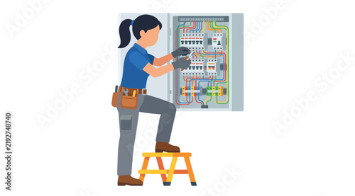Electrician woman working on electrical panel installation and repair work safely.