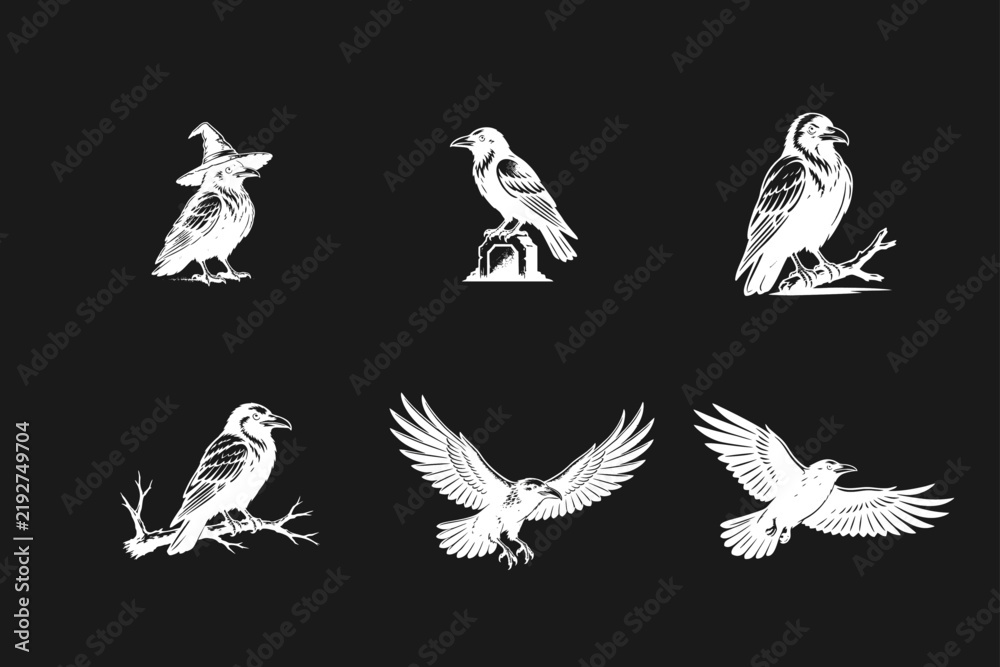 Obraz premium Vintage style raven and crow illustrations set. Hand-drawn corvid birds in various poses including flying, perching, with a witch hat, and on a tombstone.