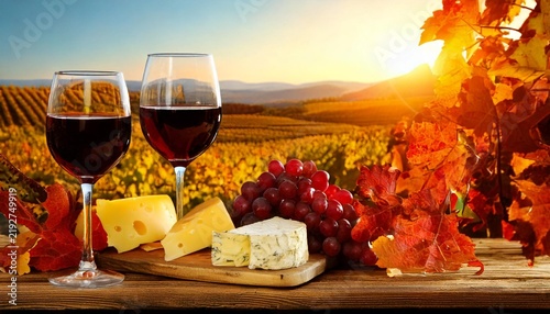 Autumn Vineyard and Red Wine with Grapes and Cheese During Grape Harvest Season