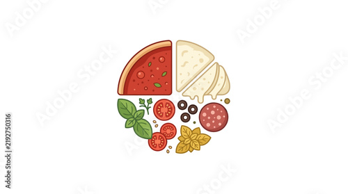 Circular arrangement of pizza ingredients including sauce, cheese, basil, tomatoes, olives, and pepperoni, illustrating a deconstructed pizza.