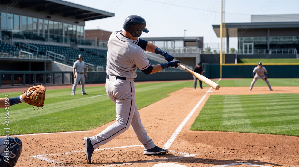 Obraz premium Action shot of a baseball batter swinging the bat at home plate during a competitive game