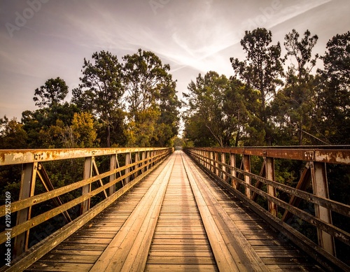 Rustic wooden bridge crossing a peaceful natural landscape, symbolizing adventure, connection, travel, and traditional craftsmanship.