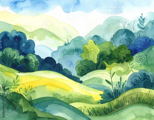 Hand-drawn watercolor abstract nature landscape background featuring organic shapes, soft textures, artistic colors, and serene atmosphere.