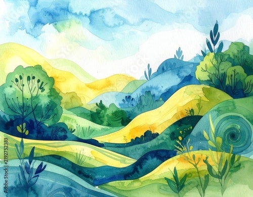 Hand-drawn watercolor abstract nature landscape background featuring organic shapes, soft textures, artistic colors, and serene atmosphere.