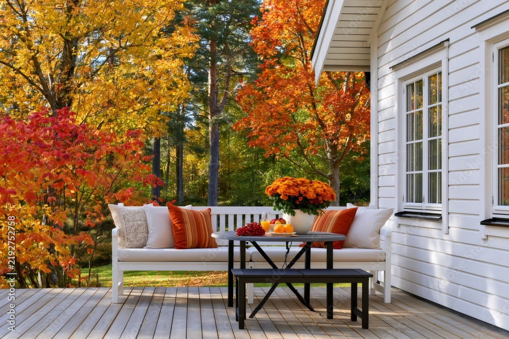 Obraz premium Cozy autumn patio deck with outdoor furniture and fall foliage
