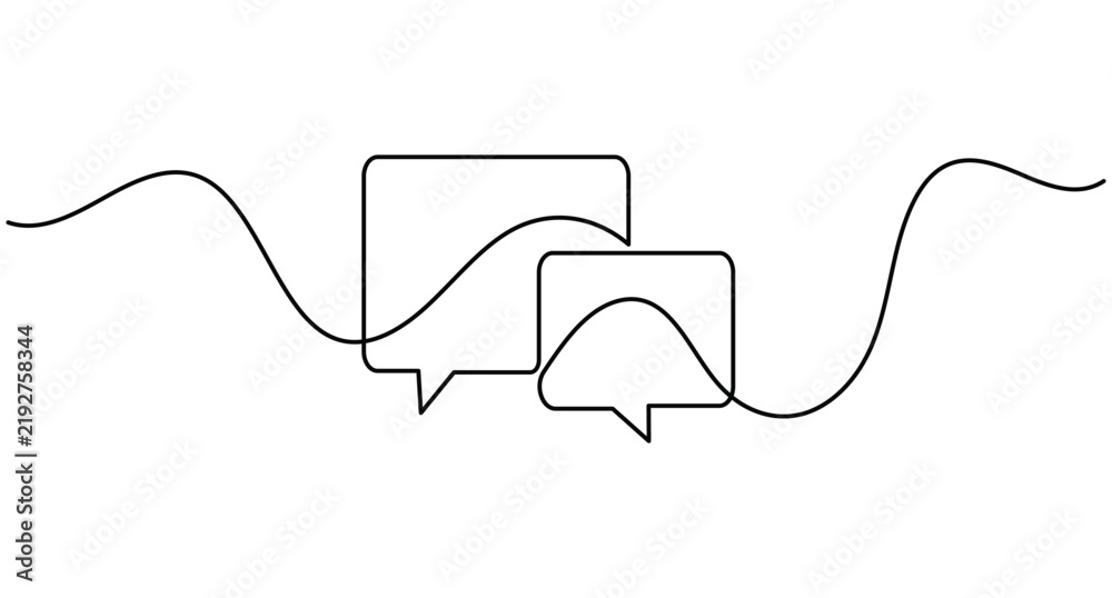 Obraz premium Speech bubbles chat continuous line art, communication dialogue concept outline, editable stroke vector illustration